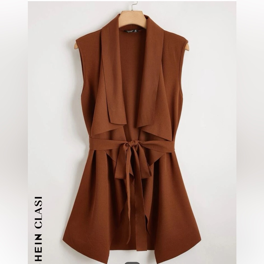 NWOT Cognac Waterfall Neck Belted Vest